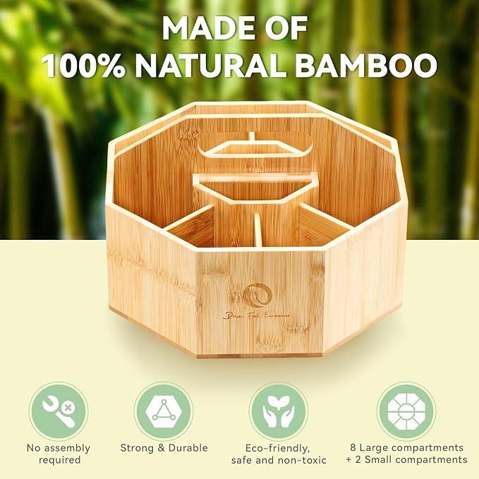Ohuhu 360° Rotating Marker Organizer Holds 162 Honolulu & B Oahu Markers | 360-Degree Rotating Bamboo Desktop Storage Markers Pens Pencil Holder with 10 Compartments for Home Classroom Office Decor