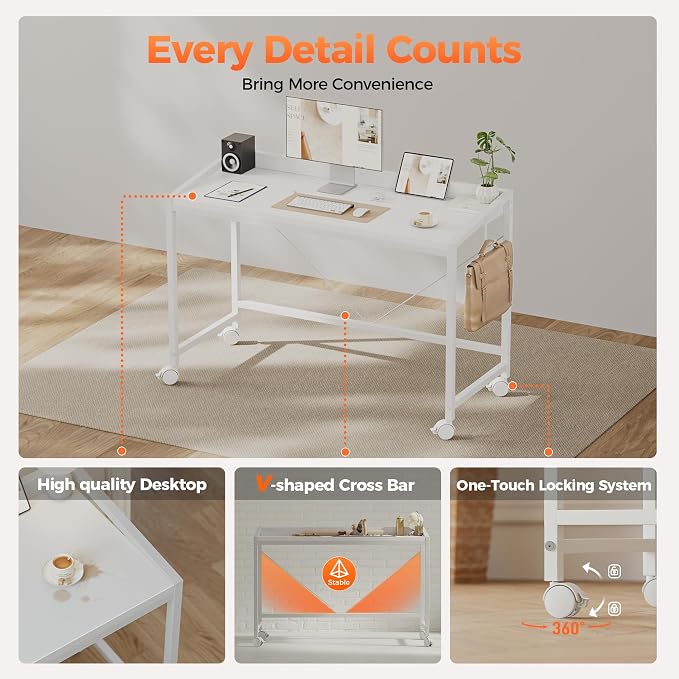 Mericonia 32 inch Rolling Computer Desk with Wheels, Gaming Desk for Small Spaces, Modern Simple Style Table for Home Office, Study Writing Table