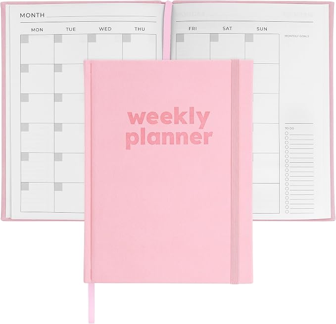 Rileys & Co Undated Daily Planner 8 x 6 in, Day Schedule Planner & Agenda Book, Journal with Goal & Habit Tracker, No Dates Dateless Annual Organizer for Work, School & Home - Pink