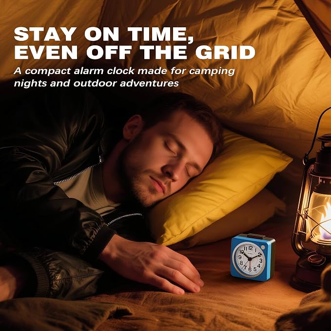 AYRELY® 2.6" × 1.4" Ultra Small Battery Operated Analog Travel Alarm Clock | Silent Non-Ticking Retro Bedside Table Clock with Snooze, Light and Easy Top Alarm Switch for Travel and Bedrooms (Blue)
