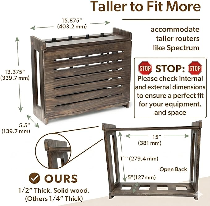WiFi Router Storage Cabinet Router Box Hider WiFi Box Hider Shelf Cover | Standard • Pine Wood • Espresso Brown Finish • Seamless Side Panel • Fits Routers Up To 11" • Wall Mount Or Desktop Placement
