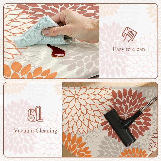 KIMODE Half Circle Anti Fatigue Mats for Kitchen Floor Kitchen Mats 2PCS | 18"x28+18"x28",Orange,Dahlia Floral Boho,Kitchen Rugs 2pcs,Non Slip,Waterproof,for Sink Office Laundry Bathroom Decor