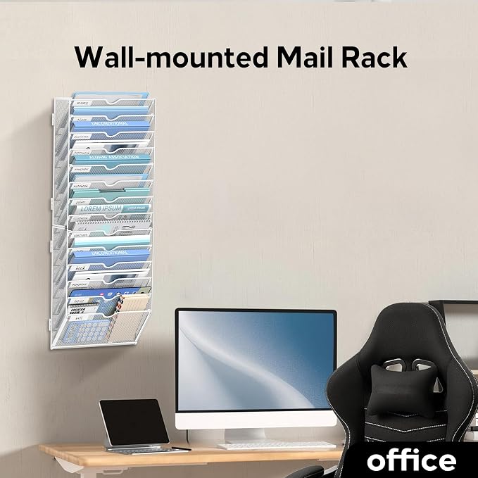 14 Tier Wall Hanging File Organizer, Paper Folder Holder Wall Mounted, Metal Mail Sorter for Office Home School, White