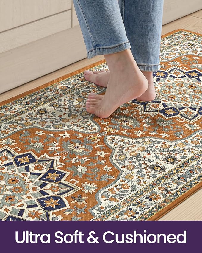 DEXI Kitchen Floor Mats Cushioned Anti Fatigue Runner Rug 23x86 Orange | Soft Comfort Memory Foam, Easy Care, Waterproof, Standing Padded for Front Sink Laundry Office Farmhouse
