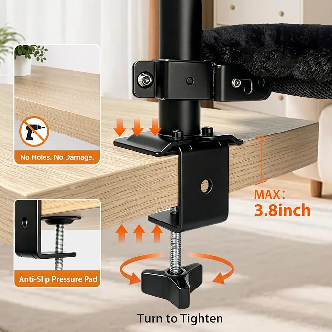 Cat Desk Bed|Foldable Clamp On Hammock for Gaming Desk|Supports Up to 45 lb | Height adjustable, 360° swivel, steel clamp, 45 lb capacity, reversible machine-washable cover; fits desks up to 3.8 in