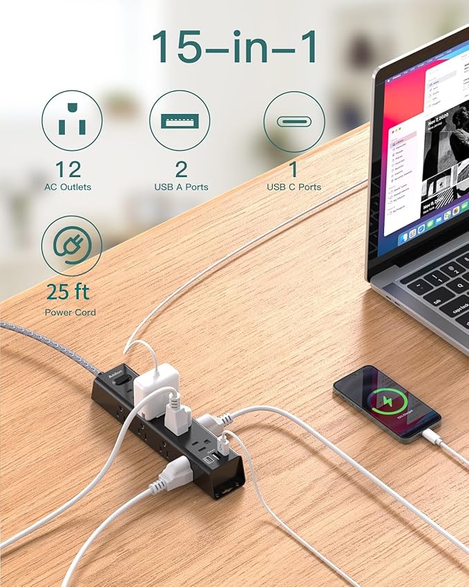 Surge Protector Power Strip - 25 FT Extension Cord, Power Strip with 12 Widely AC Outlet 3 USB, Flat Plug Wall Mount Overload Protection, 1050J, Desk Charging Station for Home Office, ETL Listed,Black