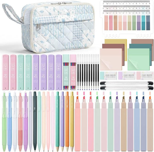 WOBAGMEN 62PCS Aesthetic School Supplies with Quilted Pencil Case, Pastel Highlighters, Gel Pens Mechanical Pencils Set, Cute Back to School Supplies, College Essentials (Blue Floral Patchwork, M)