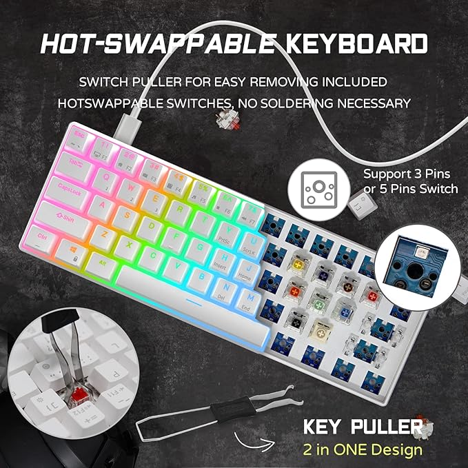RK ROYAL KLUDGE RK61 Wired 60% Mechanical Gaming Keyboard, Compact PC Game Keyboards with QMK/VIA Programmable RGB Backlit, Hot Swappable Custom Keyboard for Win/Mac, Pre-lubed Red Switch, White