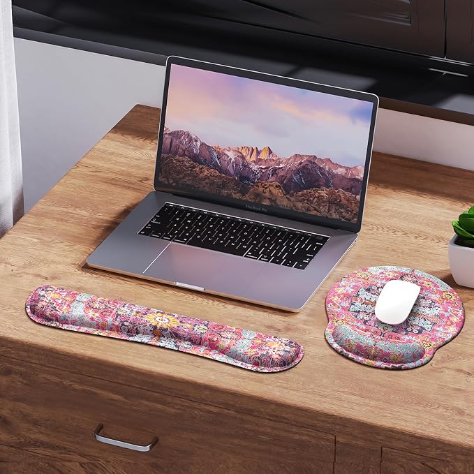 iLeadon Ergonomic Mouse Pad Set with Wrist Rest, Boho Design, Easy Typing & Pain Relief, Non-Slip Base for Home, Fuchsia