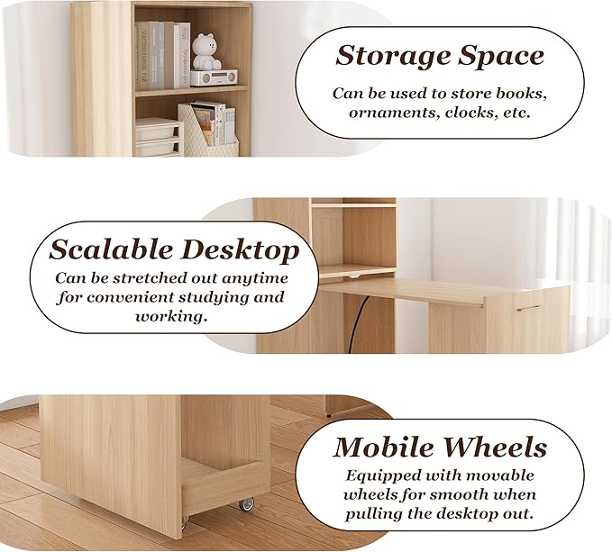 Folding Out Desk with Storage Shelves, Expandable Hidden Computer Desk, Foldable Space-Saving Pull Out Murphy Table, Writing Table with Wheels for Home Office Bedroom Small Spaces (Natural Wood.)