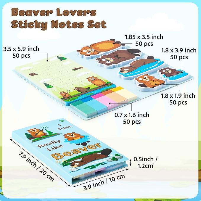 B1ykin Cute Sticky Notes Set - I Just Really Like Beaver Self-Stick Notes Pad, 550 Sheets Writing Memo Pages Sticky Notepad for Teacher Appreciation Gifts, School Office Supplies (Beaver)