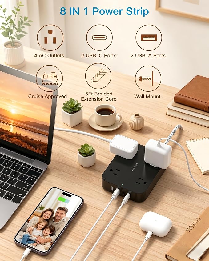 HANYCONY 5 Ft Braided Extension Cord with Ultra-Thin Flat Plug, 4 Widely Spaced Outlets & 4 USB Ports (2 USB C), Non-Surge Protector Power Strip for Cruise Ship, Travel Essentials, Home Office, Black