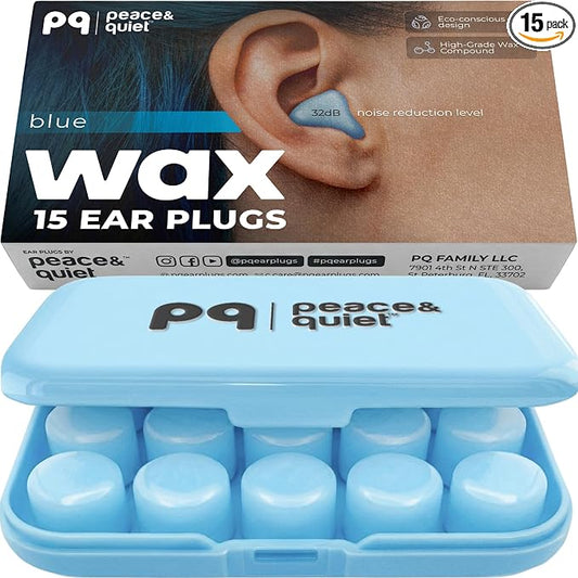 Peace&Quiet | PQ Wax Ear Plugs for Sleeping, Swimming - Soft Noise Cancelling Silicone Gel Wax Earplugs for Sleep and Swimmers, Sound Blocking Level of 32 Db, Color: Blue