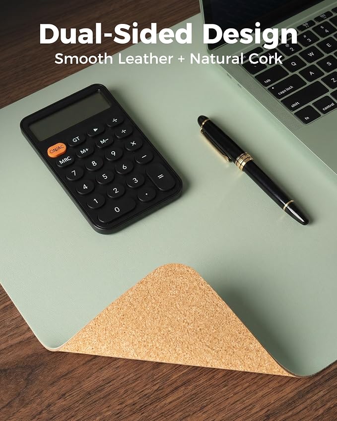 Aothia Double-Sided Desk Pad - 35.4" x 15.7" Leather Desk Mat with Eco Cork Protector, Large Mouse Pad, Waterproof Desk Blotter for Office/Home (Aqua)