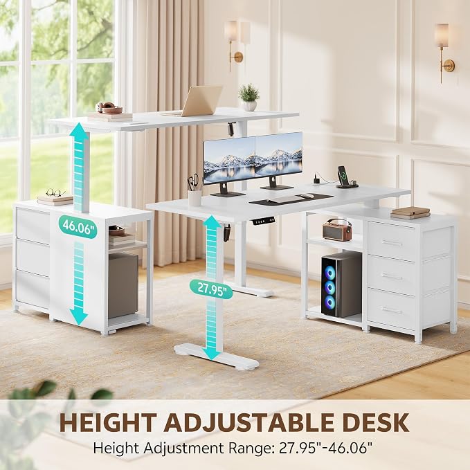 47 Inch L Shaped Desk with 3 Drawers Electric Standing Desks with Storage Computer Table Adjustable Height with Power Outlets 4 Memory Presets for Home Office, White | with Storage Computer Table Adjustable Height with Power Outlets 4 Memory Presets fo...