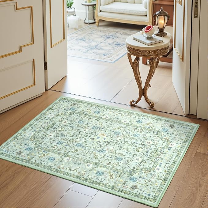 Vasofe 2x3 Area Rug for Bedroom, Small Rugs for Entryway, Kitchen, Bathroom, Non-Slip Washable Carpet Soft Low Pile Vintage Floral Light Green Mat Front Door Mats for Indoor Entrance