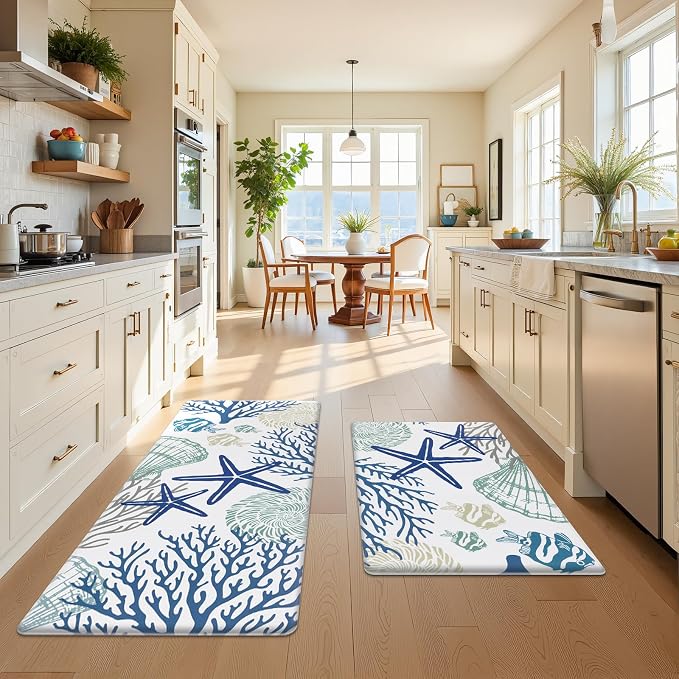 SHACOS Coastal Kitchen Rugs Set of 2, 17x27.5+17x47 inch | Summer Anti-Fatigue Kitchen Mats, White Cushioned Mats with Sea Themed Blue Starfish Shell Coral Tropical Fish