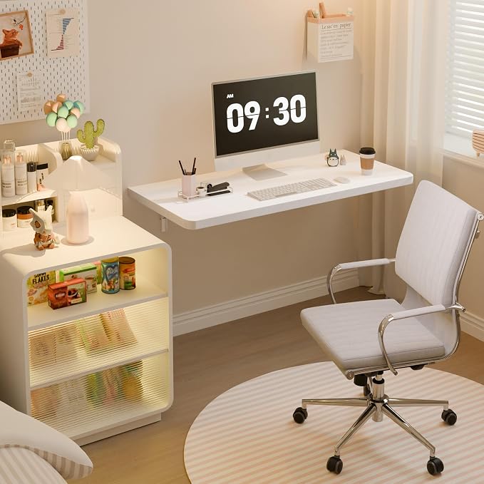 Dogsky Floating Wall Desk, 36" x 14" Wall Mounted Folding Table, Pine Wood Fold Down Wall Table, 200 lb Capacity Wall Mount Desk for Small Apartment, Laundry Room,Kitchen,Bar & Computer Use, White
