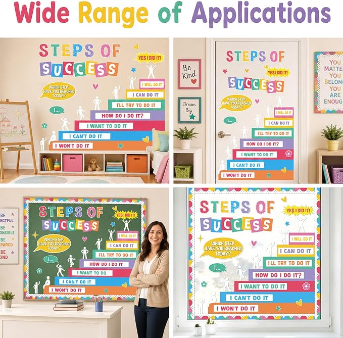 Motivational Bulletin Board Decorations Set Back to School Positive Classroom Decor Steps of Success Paper Cutouts Educational Sayings Accents for School Door Wall Chalkboard Decor Supplies (Pastel)