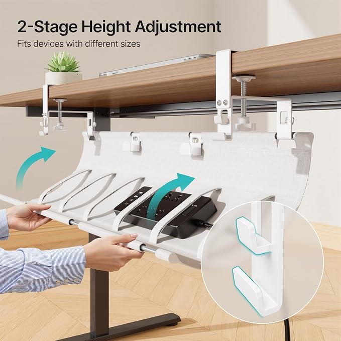 No Drill Under Desk Cable Management Tray, 31.5" Fabric Organizer | Clamp/Screw Premium Mount Cord Holder, for Power Strips, Adapters, with 2 Hooks & 1 Tie Roll for Home Office Gaming, White