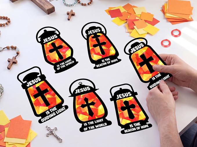 42PCS Sunday School VBS Crafts Bulk: Black Paper Oil-Lamp Nativity Suncatchers,Jesus Religious Christian Classroom Camping Activity DIY Kits Gifts Church Decorations,Window Stained Glass Effect