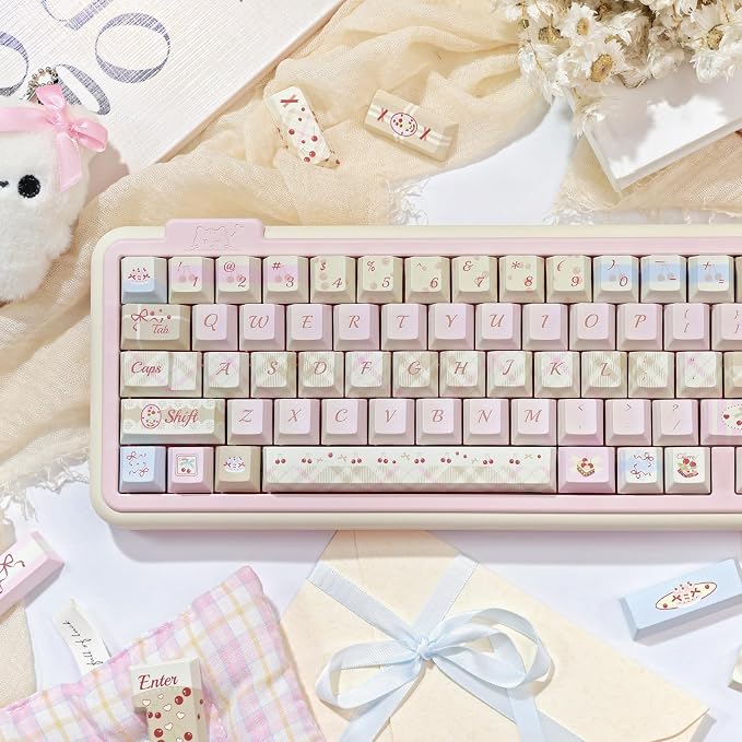 Dye Sub PBT Keycaps Set 145 Keys, Cute Pink Keycap, Cherry Profile Custom Keycaps 60 65 75 100 Percent for 61/64/68/84/87/100/104/108 ANSI ISO Layout MX Switches Gaming Mechanical Keyboard