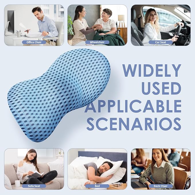 kasney Lumbar Support Pillow, Memory Foam Lumbar Pillow for Lower Back Pain Relief, Back Support Pillow for Office Chair, Car Seat - Blue