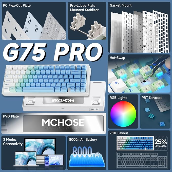 MCHOSE G75 PRO 75% Wireless Mechanical Keyboard, TKL Keyboards Tri-Mode BT5.0/2.4GHz/USB-C, Hot Swap Custom Creamy Keyboards Linear Switch, Double Shot PBT Keycaps RGB LED Backlit, White&Blue