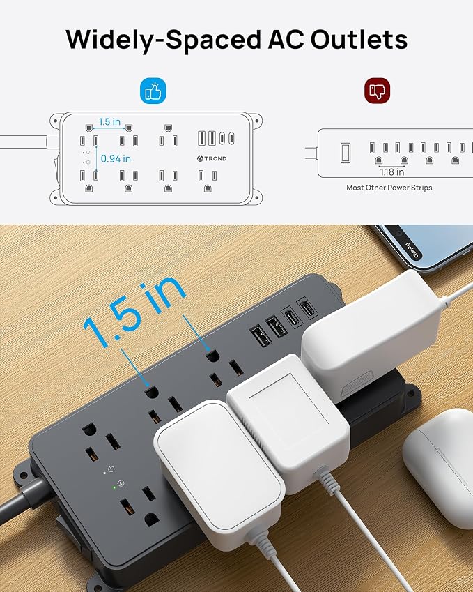 TROND Surge Protector Power Strip, Flat Plug 15ft Long Extension Cord, 7 Widely-Spaced Outlets with 4 USB Ports, ETL Listed, 1700J, Wall Mountable, for Home Office Garage, Black