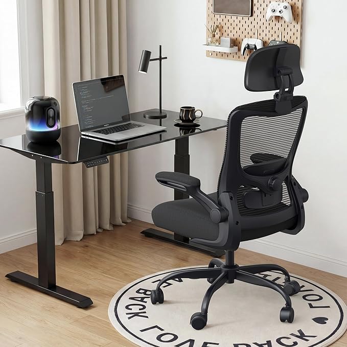 Ergonomic Office Chair, High Back Mesh Desk Chair with Adjustable Lumbar Support & Headrest, Flip-up Armrest, Computer Task Chairs for Home and Executive Office (B-Black)