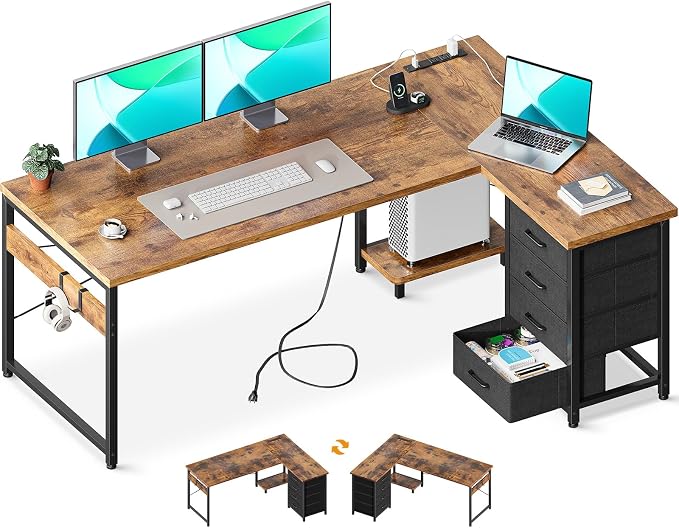 AODK 61" L Shaped Gaming Desk with 4 Drawers and Power Outlets, Vintage | USB Ports, PC Tower Stand, Hooks, Reversible Corner Layout for Gaming Rooms, Bedrooms and Home Office