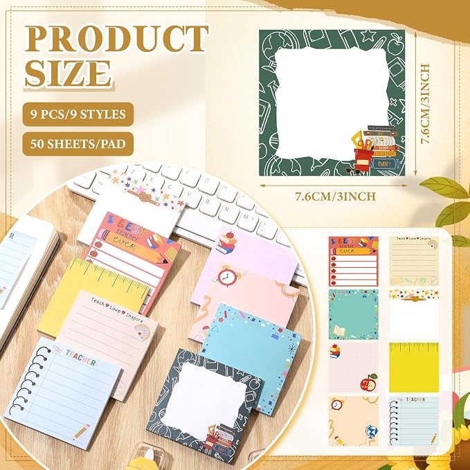 9 Pads Cute Sticky Notes Cartoon Self Stick Notepads 3x3 Inches Notes Adhesive Memo Pad Office Decor Gifts for Students School Teacher Office Meeting(Teacher)