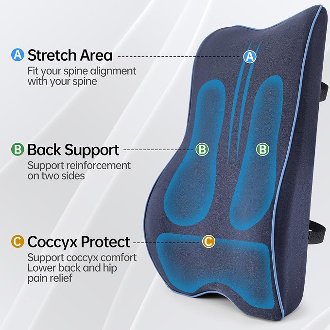 Plush Comfortable Memory Foam Lumbar Support Pillow - Soft Back Cushion for Office Chair, Car Seat, Gaming Chair - Ergonomic Lower Back Pain Relief with Adjustable Straps & Washable Cover-Navy Blue