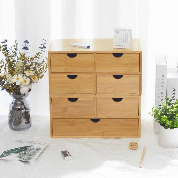 Charmewooden Bamboo Desk Organizer with 3 Drawers, Countertop Organizer with Drawers Makeup Storage Drawer 3 Drawers Tabletop Storage Organization Box Home Office Workspace