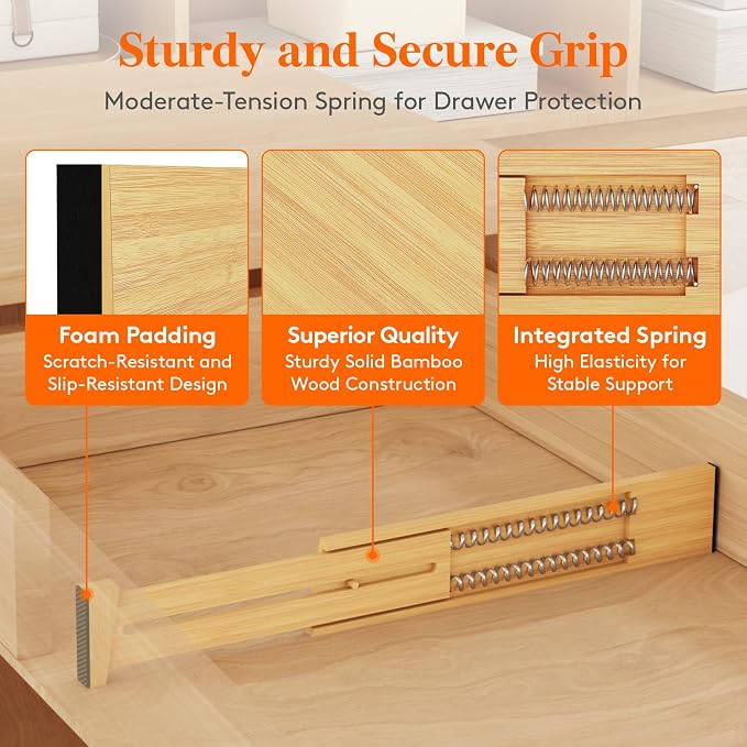 Lifewit 2.4" High 8 Pack Bamboo Drawer Dividers 33-42cm/13-16.5" Adjustable Wooden Drawer Organizer for Clothes/Utensils, Expandable Drawer Separator for Dresser/Kitchen/Bedroom/Office Organization