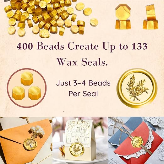 xxxHOLIC Royal Gold Sealing Wax Beads, 400 Metallic Beads with Melting Spoon & 4 Tea Lights for Wedding Invitations, Envelopes, Letters, Cards & Gift Wrapping