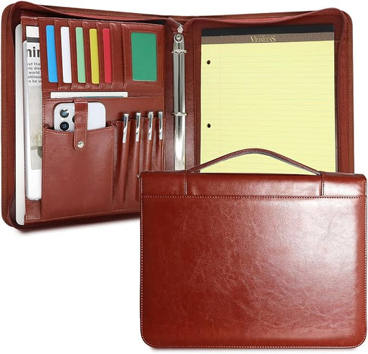 Faux Leather Portfolio with Handle – 3-Ring Padfolio Organizer for 13.9" Laptop/Tablet, A4 Legal Pad Holder, Multi-Pocket Business Folder for Work, Office & Meetings & Daily Commute (Brown)