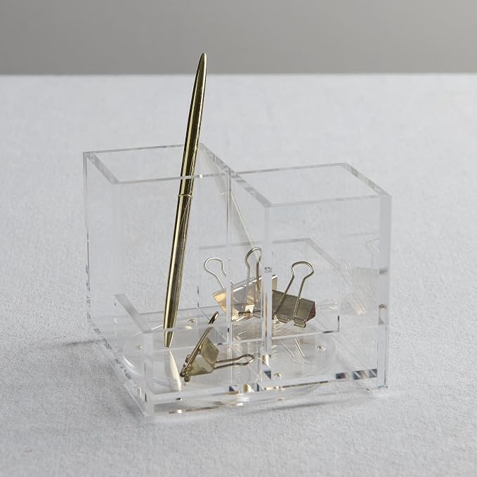 Gartner Studios Rotating Acrylic Pen & Pencil Holder for Desk, Clear | Spins to keep pens, brushes & supplies within reach. Clear acrylic carousel with two extra compartments for clips & pins.