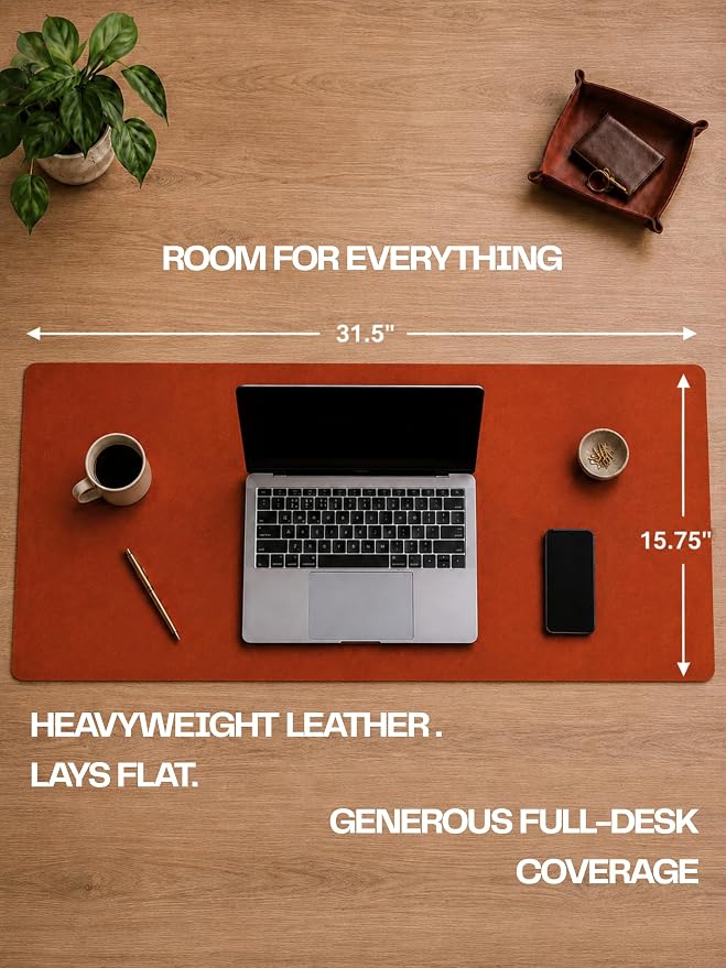 Genuine Leather Desk Pad, Office Desk Mat, Large Desk Blotter, Desk Protector, and Mouse Pad – 31.5" x 15.75" (1.8-2.0 mm) Whiskey, Waterproof, Premium Quality for Desk Surface Protection and Comfort