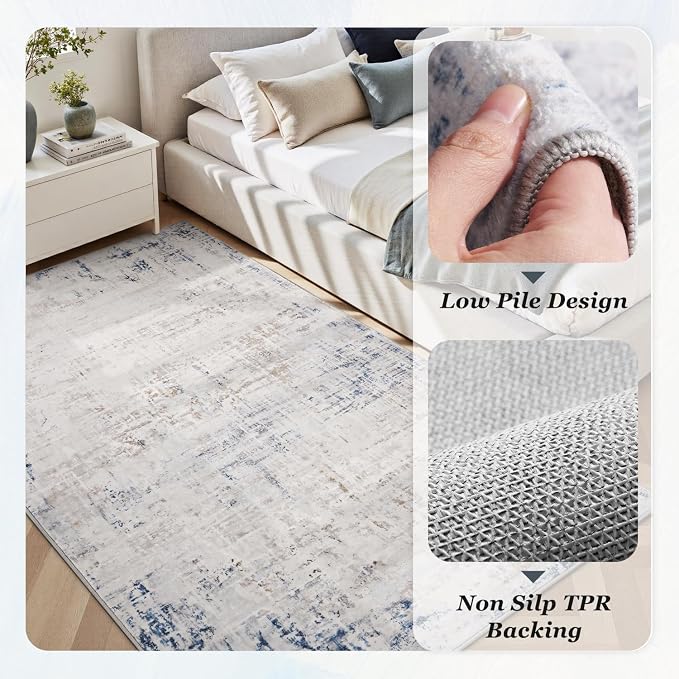 4 x 6 Area Rugs for Living Room, Machine Washable Non Slip Rug Ultra Soft Low Pile Indoor Carpet Modern Abstract Rugs for Bedroom Office Room Dining Room Beside, Blue/Grey