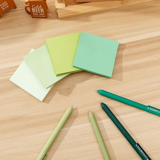 BAYTORY 320 Sheets Gradient Sticky Notes, 4 Pcs Rotatable Colored Gel Pens, Aesthetic Self-Stick Note & Multicolored Ink Pen, Colorful Memo Pads Easy to Post for Note Taking (Gradient Green)