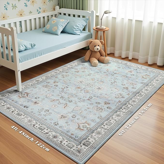 4x6 Light Blue Washable Boho Area Rug for Living Room, Vintage Floral Non Slip Bedroom Rugs, Wool Low Pile Indoor Mat, Aesthetic Pattern Carpet for Kitchen, Office and Bedside