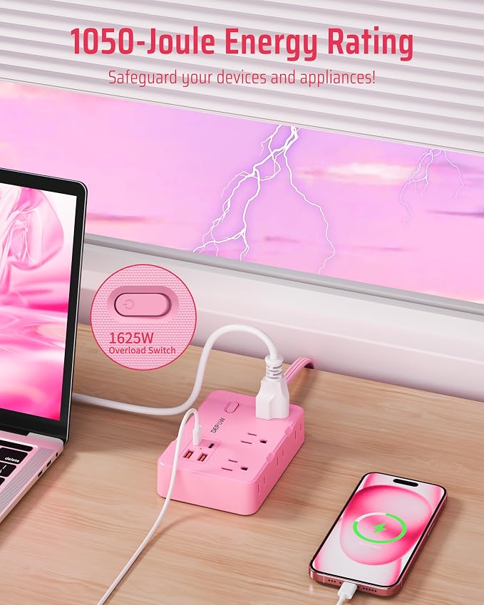 DEPOW Pink Power Strip, 5FT Extension Cord with 6 AC Outlets（1625W/13A 4 USB Ports (2 USB C), 1050J Surge Protector, Flat Plug Wall Mountable Charging Station for Dorm Room Desk Bedroom Kawaii Decor