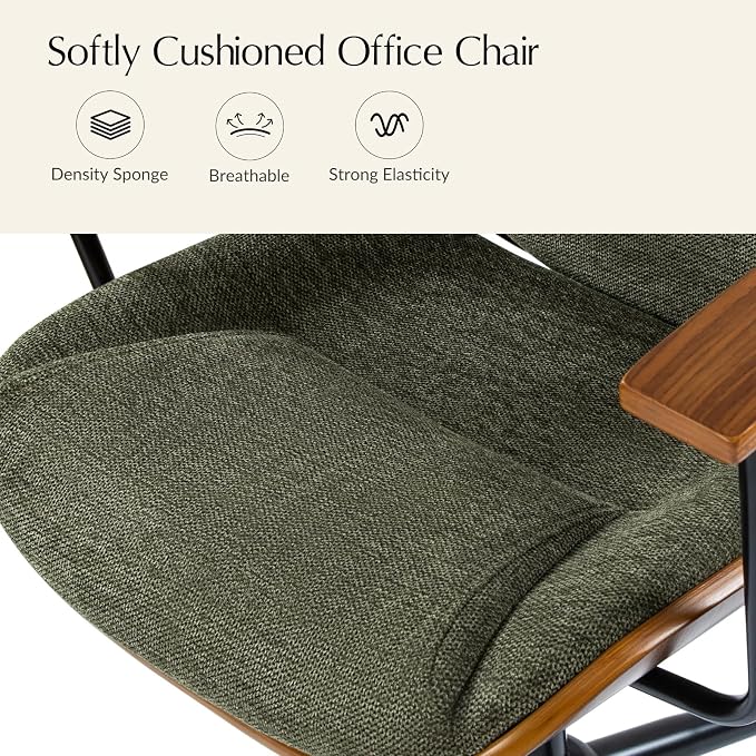 HULALA HOME Solid Wood Office Chair with Tilt Function & Metal Base, Green | Mid Century Modern Desk Chair with Bent Wood Frame, 360° Swivel Fabric Computer Task Chair, Height Adjustable