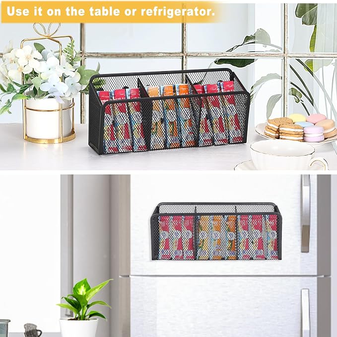 ELLDOO Magnetic Water Drink Packet Holder, 3 Compartments Magnetic Metal Mesh Tea Bag Organizer Sugar Packet Basket, Kitchen Organizers and Storage, Magnetic Pencil Holder