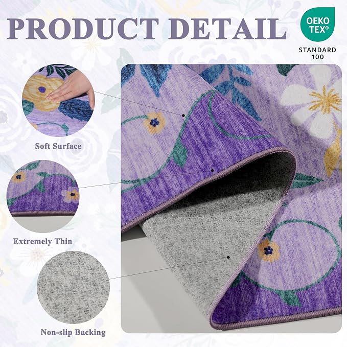 DUKINO 2x6 Runner Rug for Hallway, Washable Kitchen Rug with Non Slip Backing, Low Pile Soft Boho Floral Runner for Kitchen, Hallway, Entryway, Laundry, Bedroom, Purple