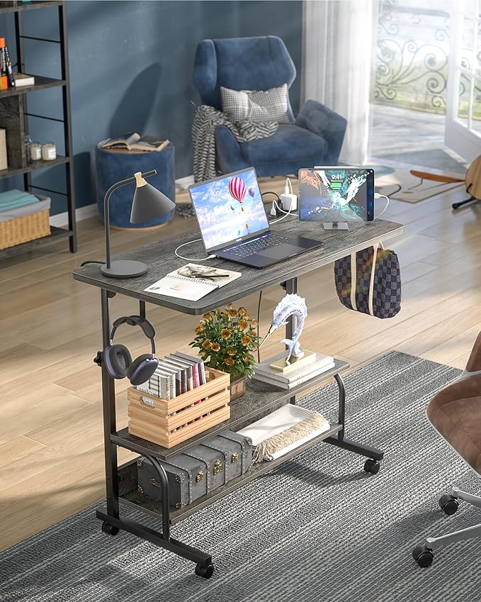 Armocity Rolling Standing Desk with Charging Station, Portable Height Adjustable Mobile Computer Desk with Wheels & 2-Tier Shelves & Hooks, Easy Assembly Laptop Table for Couch Bed, 32" Grey Oak