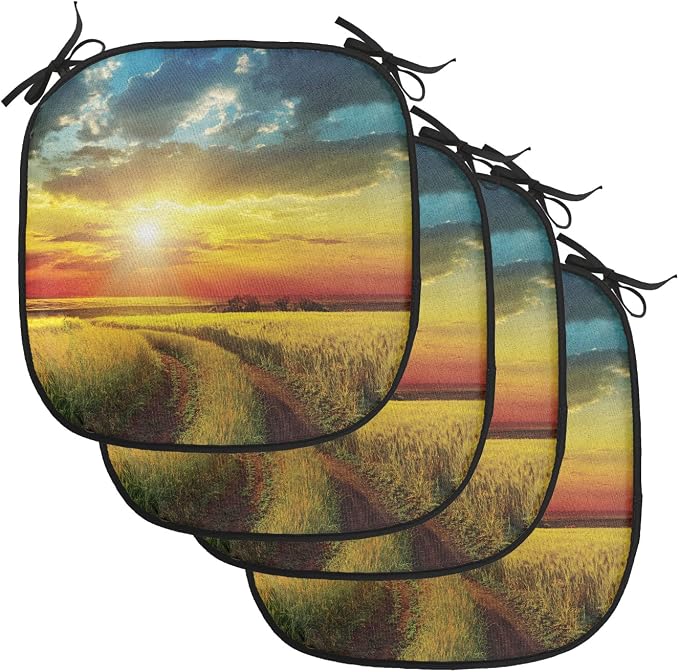 Lunarable Rural Chair Cushion Pads Set of 4, Sunset Over Field Sun Bursting Through Colored Dramatic Clouds Scenic Picture, Anti-Slip Seat Padding for Kitchen & Patio, 16"x16", Orange and Yellow