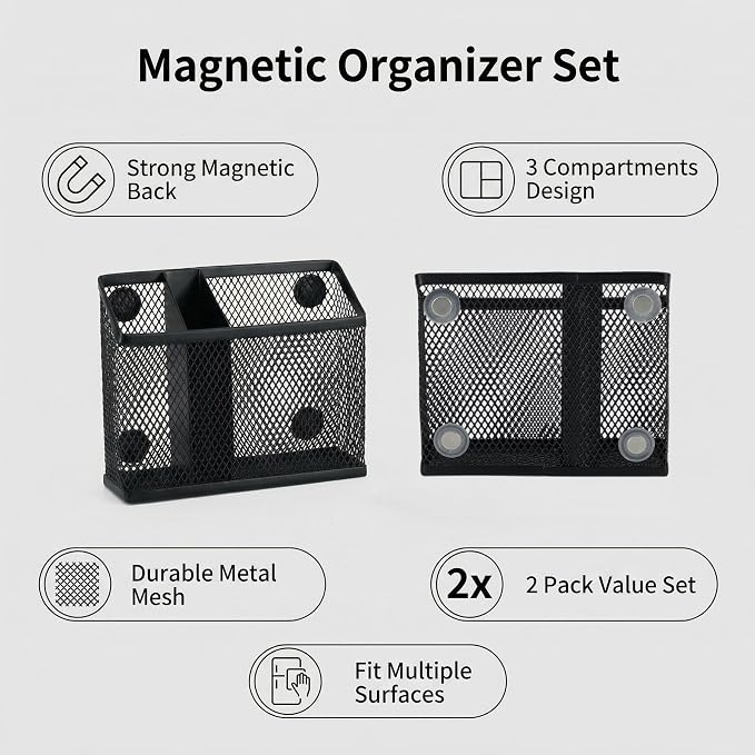 Neudeco Magnetic Pen Holder, Black, 2 Pack, 3-Compartment Metal Mesh | Magnetic Organizer for Whiteboard, Refrigerator, Locker & Filing Cabinet, Dry Erase Marker Holder