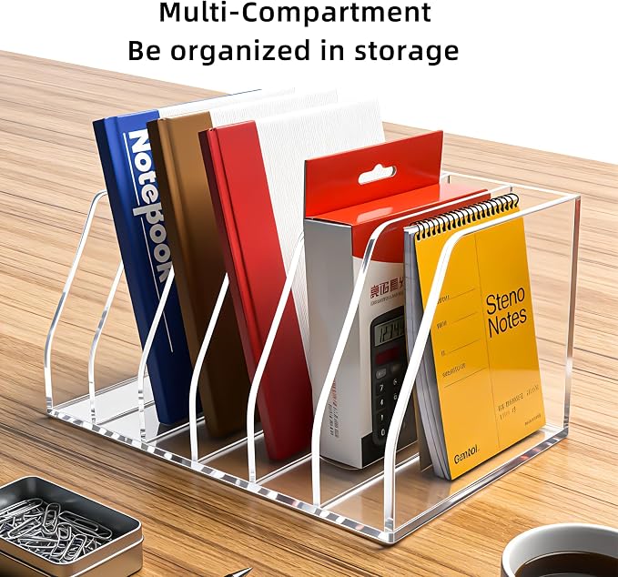 Clear Acrylic Magazine File Holder, 6 Compartment Desk Organizer | 6 spacious vertical compartments hold magazines, files, books & more. 5mm thick clear acrylic, non-slip base. No assembly.
